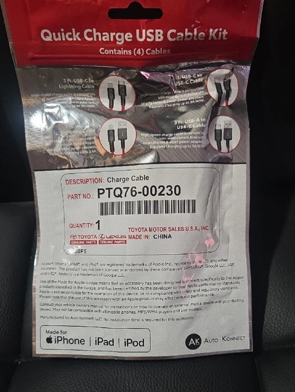 Toyota Accessories Quick Charge USB Cable Kit - Red & Black